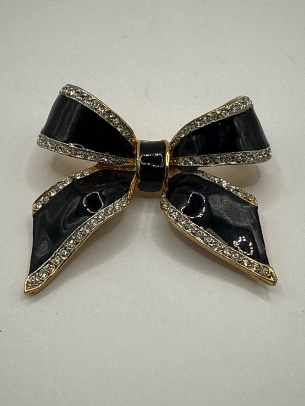 Craft Black Enamel Bow Brooch Pin Gold Rhinestone Coquette Luxe Glam